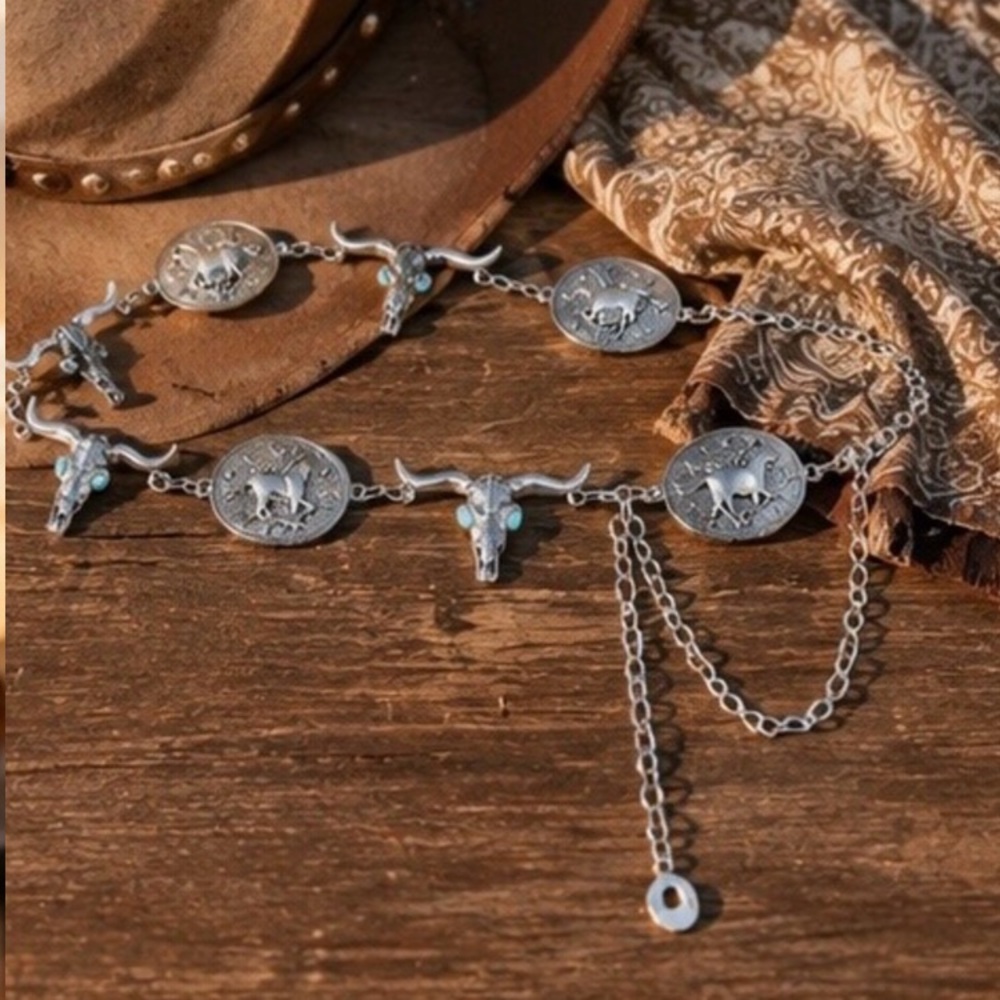 Western Concho Chain Belt Silver Cow Skull Longhorn Boho Cowgirl